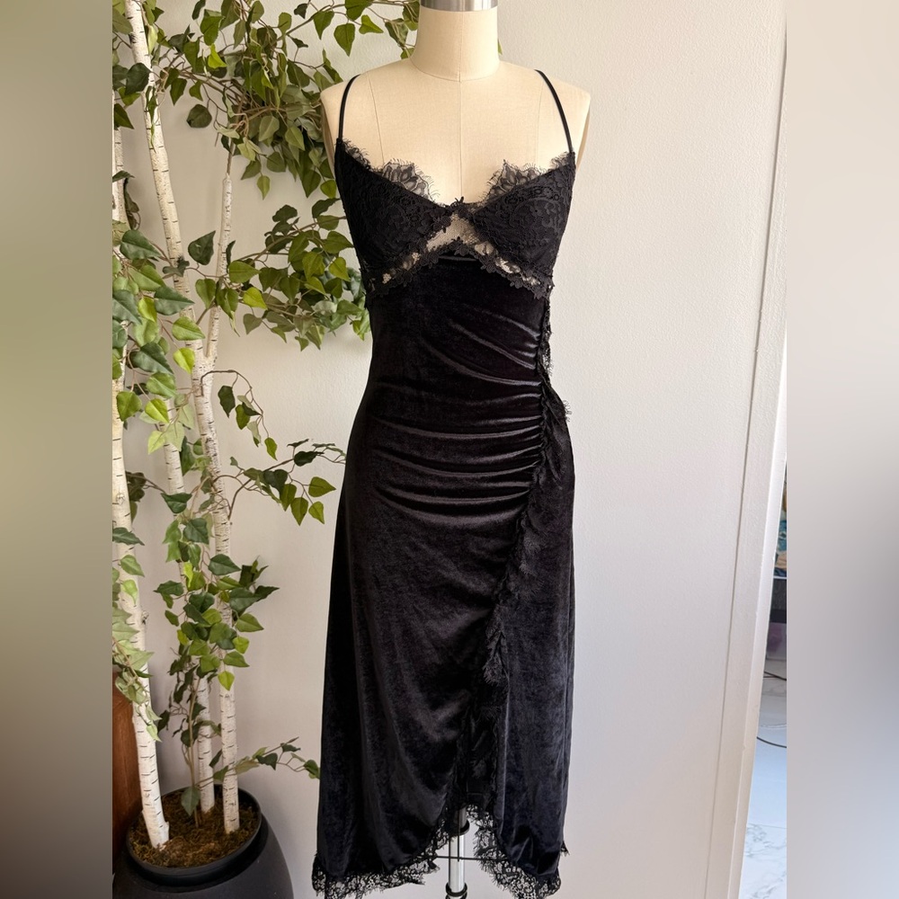 Black Velvet & Lace & Roses Midi Dress w/ Slit